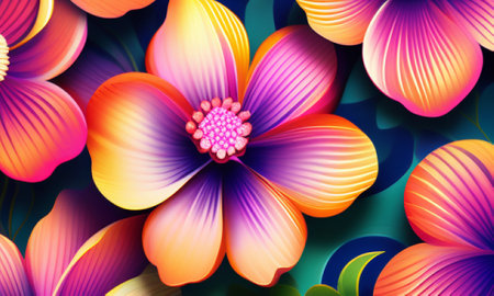 3D illustration of a colorful fractal background with flowers and leavesの素材