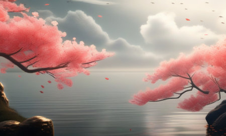 Cherry blossoms in the lake with cloudy sky background, Digital paintingの素材
