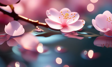 cherry blossom on water surface with bokeh background.の素材