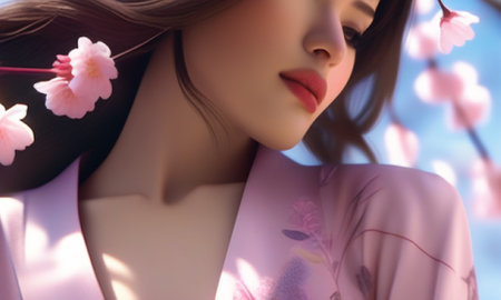 Beautiful girl in a pink kimono with cherry blossomsの素材