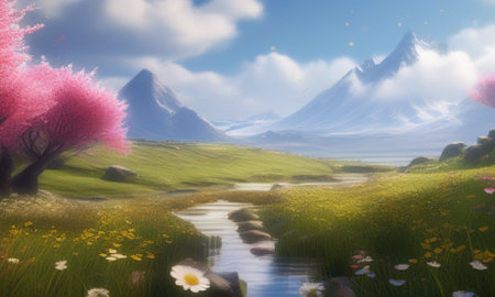 Fantasy landscape with mountains, flowers and lake. 3d renderingの素材