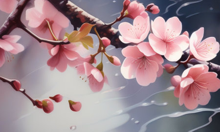 cherry blossom background with water drops - soft focus and vintage filterの素材