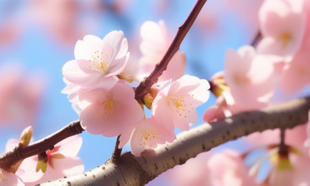 cherry blossom sakura in spring season on blue sky backgroundの素材