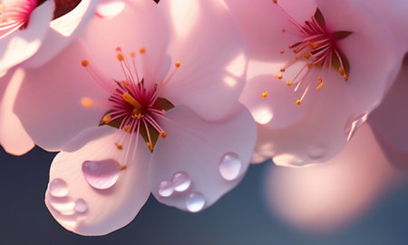 cherry blossom with water drops on petals close-upの素材