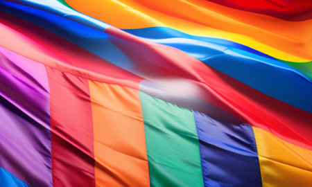 Close up of a rainbow flag fluttering in the wind. Colorful background.の素材