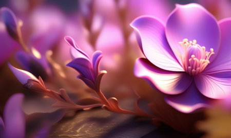 3d illustration of abstract flowers with soft light in purple and violet colorの素材