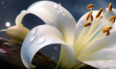 White lily with water drops on the petals on a dark backgroundの素材