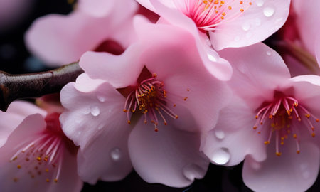 Close up of pink sakura flower with water drops on black backgroundの素材