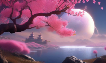 Cherry blossom and pagoda background, 3D illustration.の素材