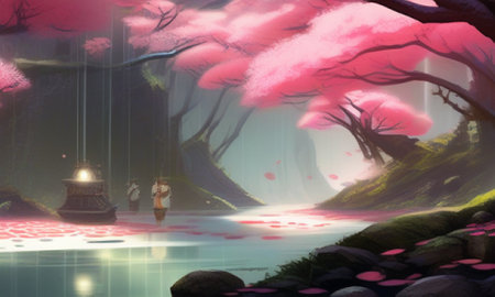 3d rendering of a fantasy landscape with cherry blossoms in Japanの素材