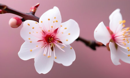spring flowers on a tree, white flowers on a tree, pink backgroundの素材