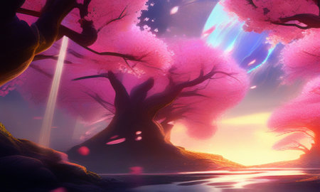 Fantasy landscape with trees and lake. 3D rendering. Computer digital drawing.の素材