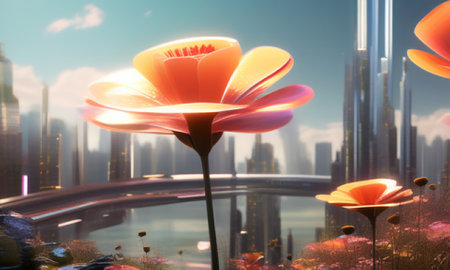 3d illustration of flower in the city with skyscrapers backgroundの素材