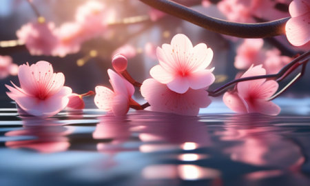 cherry blossom sakura flower in spring season with water reflectionの素材