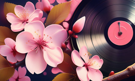 Vinyl record with cherry blossom flowers on dark background, retro tonedの素材
