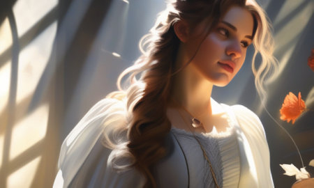Portrait of a beautiful young woman in a white sweater in the interiorの素材