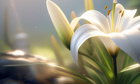 Spa background with white lily flower and stones, close upの素材