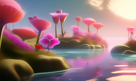 3d illustration of fantasy landscape with pink flowers in the water.の素材