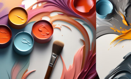Paintbrushes and palette of colors. 3d illustration.の素材
