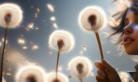 Beautiful girl blowing dandelion seeds in the wind. 3d renderingの素材