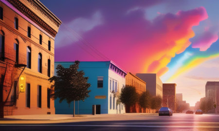 Rainbow over a city street at night. 3D rendering.の素材