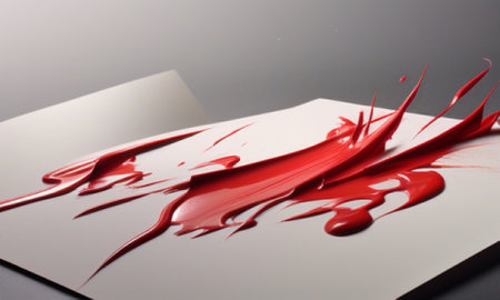 Red paint on a white sheet of paper. Close-up.の素材