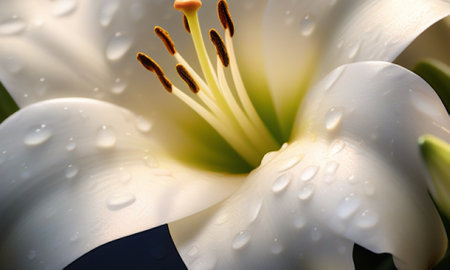 White lily with water drops on the petals close-upの素材
