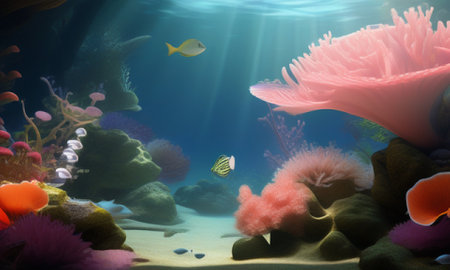 Underwater scene with corals and tropical fish, 3d renderの素材