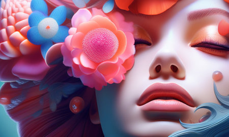 3d illustration of a beautiful woman face with flowers on her headの素材