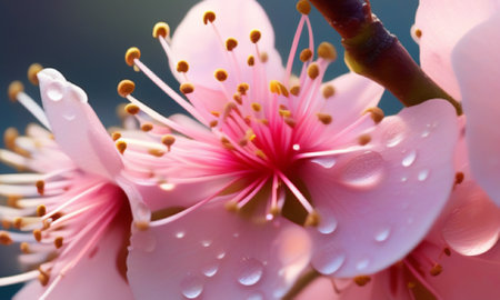 cherry blossom with water drops on petals, close upの素材