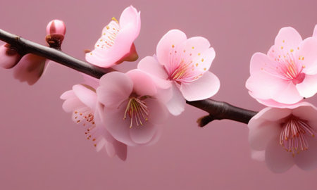 cherry blossom sakura branch with pink petals on pink backgroundの素材