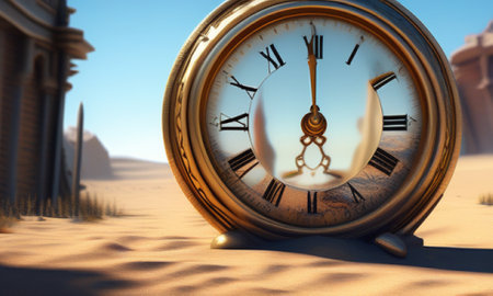Old clock in the desert. 3D render. Time concept.の素材