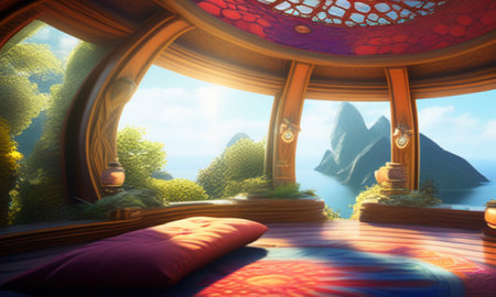 3D rendering of a fantasy bedroom with a view of the seaの素材