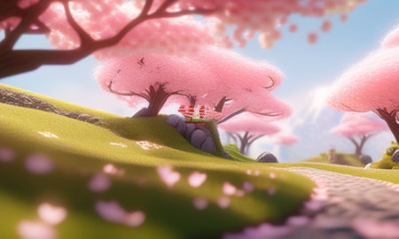 Cherry blossom trees in spring season, 3d render illustrationの素材