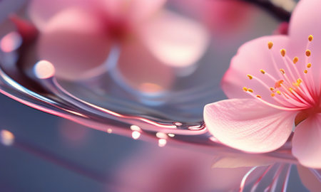 Beautiful cherry blossom with water drops on glass surface, closeupの素材