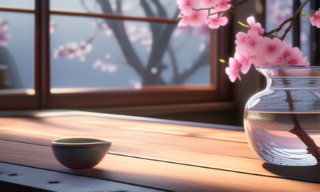 Cup of tea and cherry blossom in vase on window sillの素材