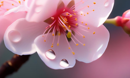 Peach blossom with water droplets on petals, close upの素材