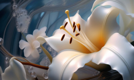White lily on a blue background. 3d rendering, 3d illustration.の素材