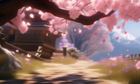 Cherry Blossoms and Japanese house in the garden. 3d renderingの素材