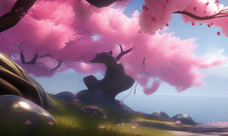 Cherry blossom tree in full bloom. 3D illustration.の素材