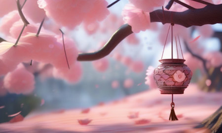 Lanterns and cherry blossoms on the background of the windowの素材