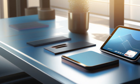Tablet computer and mobile phone on table in office. 3d renderingの素材