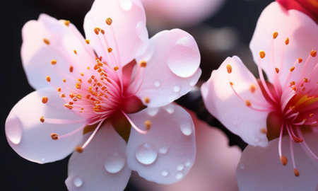 Peach blossom with water drops on the petals. Selective focus.の素材