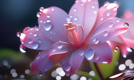 Beautiful pink flower with water drops on the petals. Nature background.の素材
