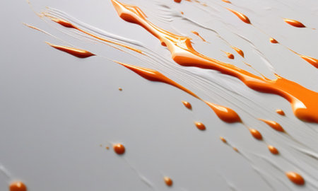 close up of  orange paint dripping on white background. creative photo.の素材