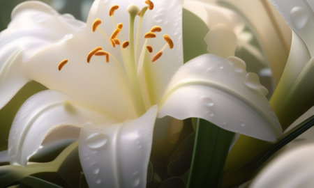 White lily with water drops on the petals and green leavesの素材