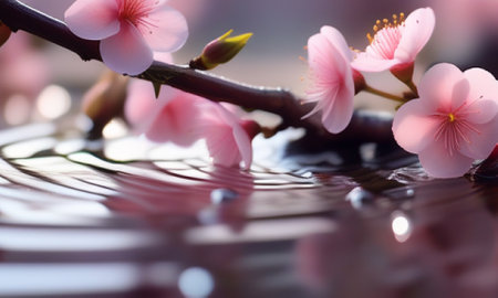 cherry blossom and reflection on water surface, shallow depth of fieldの素材