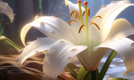 White lily flower on the background of blue sky and sunset.の素材