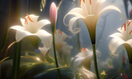 White lily flowers in the garden. Floral background. Soft focus.の素材