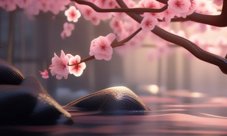 Stones and pink cherry blossoms in the morning. 3D renderingの素材
